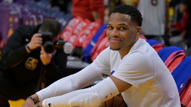 Dec 18, 2022; Los Angeles, California, USA; Los Angeles Lakers guard Russell Westbrook (0) smiles before the game against the Washington Wizards at Crypto.com Arena. Mandatory Credit: Jayne Kamin-Oncea-USA TODAY Sports