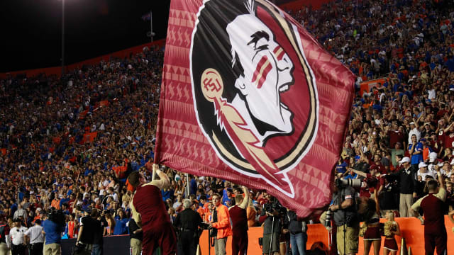 Nov 28, 2015; Gainesville, FL, USA; Florida State Seminoles cheerleader waves a Florida State Seminoles flag against the Florida Gators during the second half at Ben Hill Griffin Stadium. Florida State Seminoles defeated the Florida Gators 27-2. Mandatory Credit: Kim Klement-USA TODAY Sports