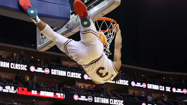 Mississippi State Bulldogs guard Shakeel Moore (3) dunks the ball during the second half against the Rutgers Scarlet Knights at Prudential Center.