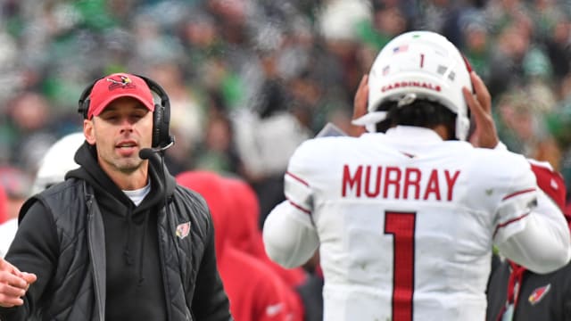 Arizona Cardinals head coach Jonathan Gannon celebrates touchdown with wide receiver Michael Wilson (14) and quarterback Kyler Murray (1) during the fourth quarter against the Philadelphia Eagles at Lincoln Financial Field.