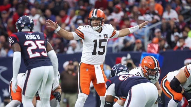 Dec 24, 2023; Houston, Texas, USA; Cleveland Browns quarterback Joe Flacco (15) at the line of scrimmage during the game against the Houston Texans at NRG Stadium. 