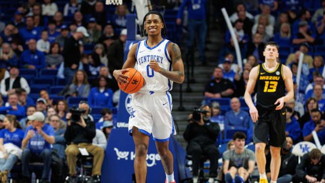 Jan 9, 2024; Lexington, Kentucky, USA; Kentucky Wildcats guard Rob Dillingham (0) reacts after being fouled during the second half against the Missouri Tigers at Rupp Arena at Central Bank Center. Mandatory Credit: Jordan Prather-USA TODAY Sports