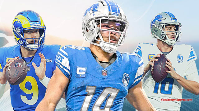 Matthew Stafford (9), Amon-Ra St. Brown (14), and Jared Goff (16)