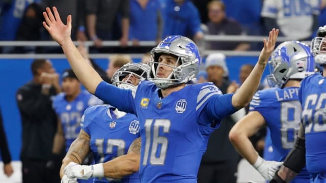 Detroit Lions quarterback Jared Goff celebrates the team's playoff victory over the Los Angeles Rams.