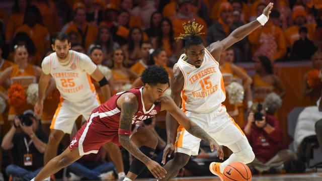 Tennessee guard Jahmai Mashack (15) blocks a shot by the defense during the NCAA game against Alabama at Thompson-Boling Arena at Food City Center, Saturday, Jan. 20, 2024