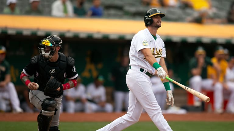 Cal Stevenson of the Oakland Athletics bats during the fifth