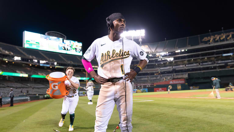 Esteury Ruiz of the Oakland Athletics fields during the game