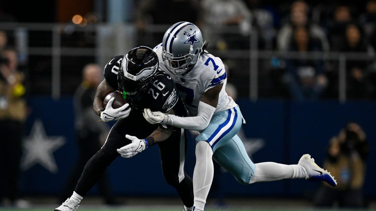 ARLINGTON, TX - DECEMBER 24: Dallas Cowboys cornerback Trevon Diggs (7)  gets ready to defend against Philadelphia Eagles wide receiver A.J. Brown  (11) during the game between the Dallas Cowboys and the