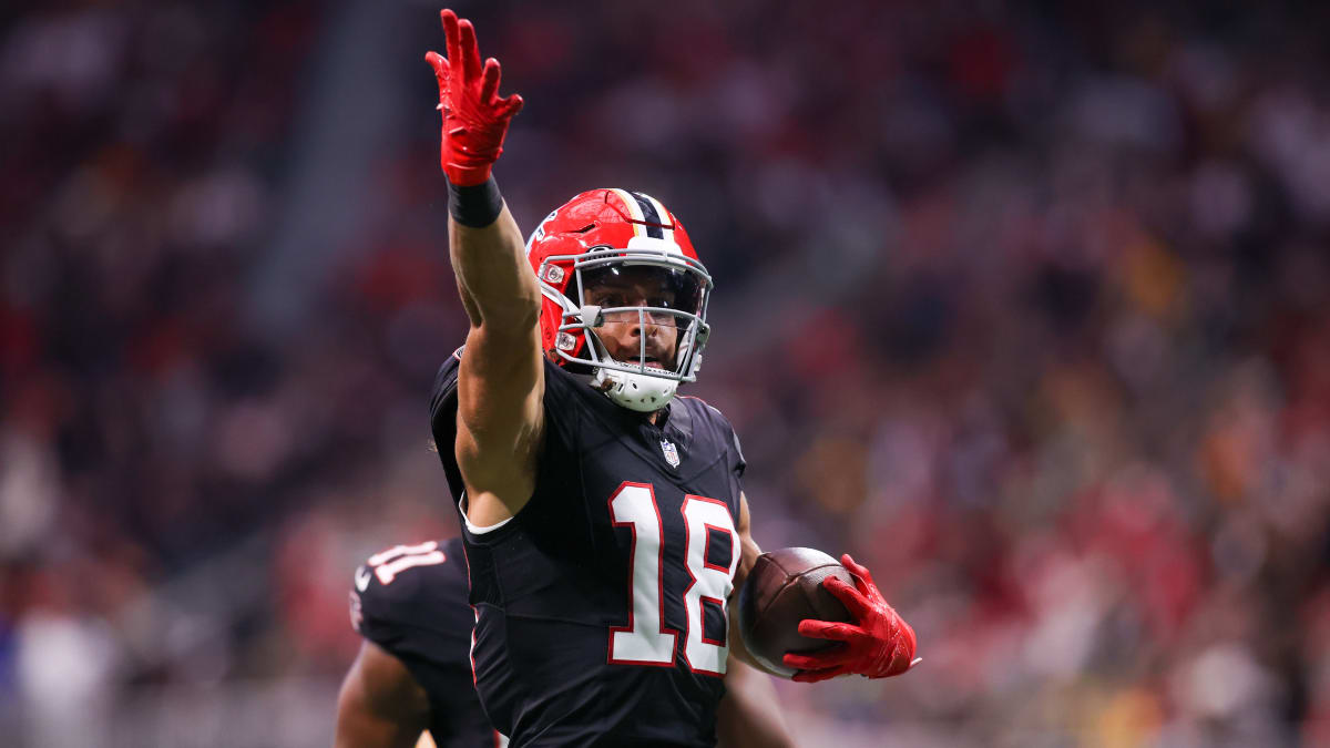 Atlanta Falcons wide receiver Mack Hollins (18) catches a pass during the  second half of an NFL football game against the Carolina Panthers, Sunday,  Sep. 10, 2023, in Atlanta. The Atlanta Falcons