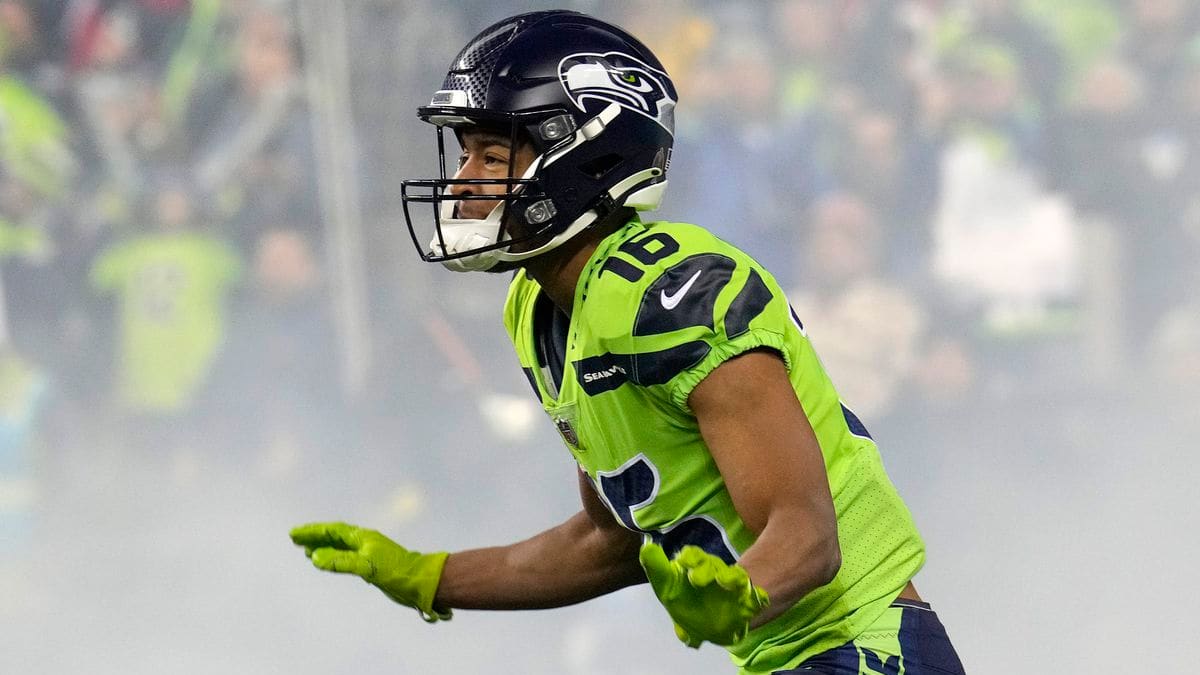 Tyler Lockett of the Seattle Seahawks waits for a timeout during a News  Photo - Getty Images