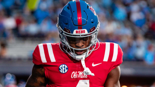 Ole Miss running back Quinshon Judkins in pregame warmups on Saturday night.