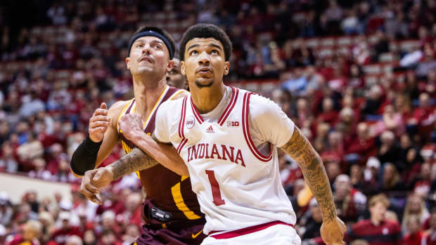 Indiana Hoosiers center Kel'el Ware (1) boxes out Minnesota Golden Gophers forward Dawson Garcia (3) in the second half at Simon Skjodt Assembly Hall.