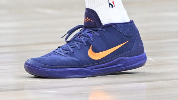 A detail view of the shoes worn by Phoenix Suns guard Devin Booker (1)  before the game against the Denver Nuggets at Ball Arena.