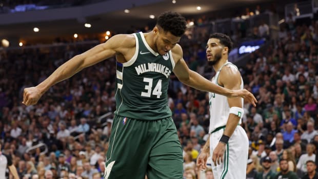 Milwaukee Bucks forward Giannis Antetokounmpo (34) reacts after being called for a foul