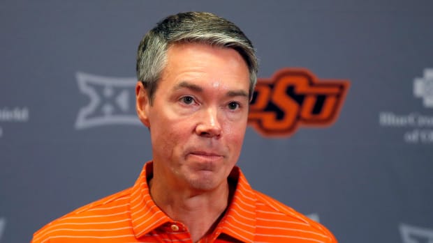 Oklahoma State athletic director Chad Weiberg speaks to the media during media for the Oklahoma State University Cowboys football media days in Stillwater, Okla., Saturday, Aug., 5, 2023.