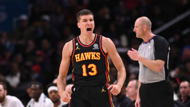 Atlanta Hawks guard Bogdan Bogdanovic celebrates a made shot.