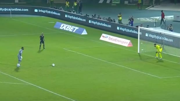 Goalkeeper Lionel Mpasi pictured (left) moments before he converted the winning spot-kick to help DR Congo beat Egypt 8-7 in a penalty shootout at AFCON 2023