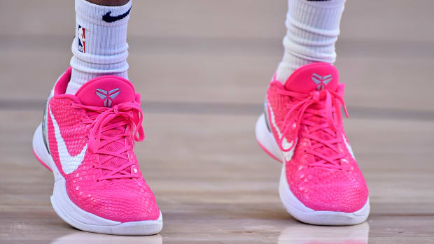 Memphis Grizzlies point guard Ja Morant wearing Nike Kobe 6 Protro 'Think Pink' shoes on December 2, 2021.