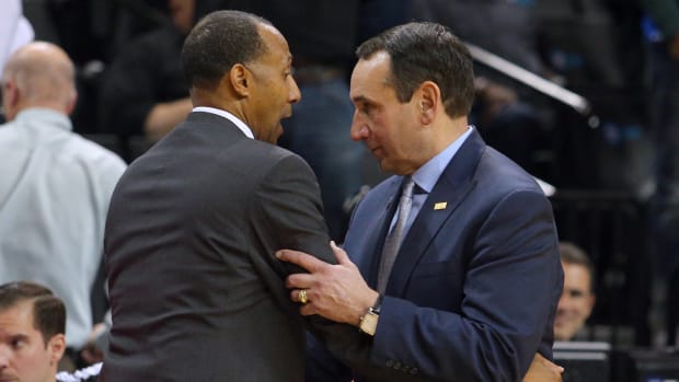 Duke basketball legends Johnny Dawkins and Mike Krzyzewski