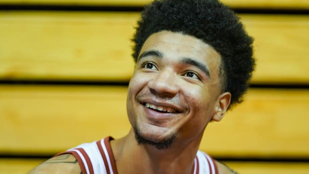 Indiana's Kel'el Ware talks to the media during the Indiana University basketball media day at Simon Skjodt Assembly Hall on Wednesday, Sept. 20, 2023.