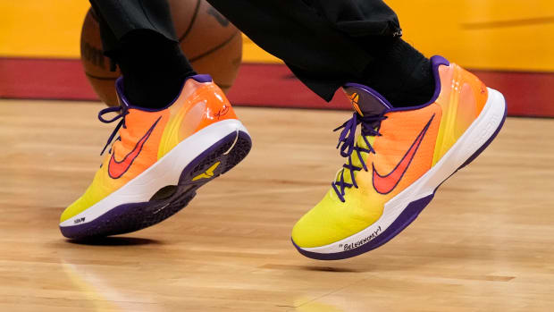 Phoenix Suns guard Devin Booker wears the Nike Kobe 6 Protro shoes.