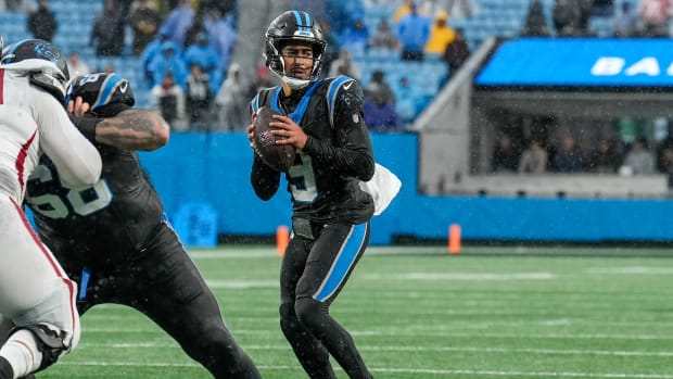 Carolina Panthers quarterback Bryce Young looks for a pass against the Atlanta Falcons.