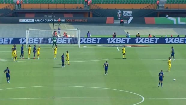 Bebe pictured (bottom right) moments before he scored for Cape Verde against Mozambique with a free-kick from more than 40 yards at AFCON 2023