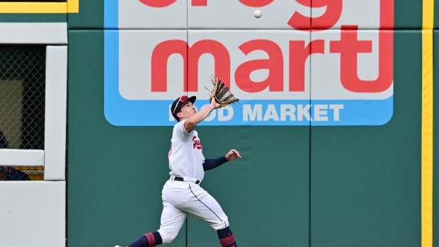 Aug 24, 2023; Cleveland, Ohio, USA; Cleveland Guardians right fielder Will Brennan (17) catches a ball hit by Los Angeles Dodgers right fielder Mookie Betts (not pictured) during the first inning at Progressive Field. Mandatory Credit: Ken Blaze-USA TODAY Sports