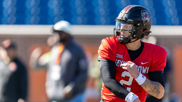 Jan 31, 2024; Mobile, AL, USA; American quarterback Spencer Rattler of South Carolina (2) throws the ball during practice for the American team at Hancock Whitney Stadium.