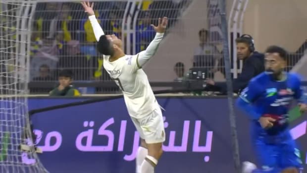 Cristiano Ronaldo pictured looking frustrated after missing a chance to score for Al Nassr against Al Fateh in February 2023