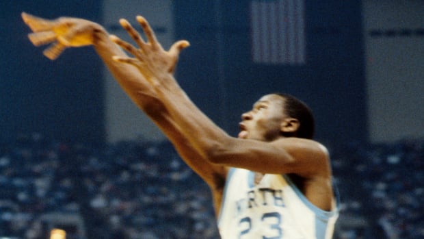 Mar 29, 1982; New Orleans, LA, USA; North Carolina Tar Heels guard Michael Jordan (23) in action against Georgetown Hoyas during the 1982 Final Four Championship game at the Superdome.