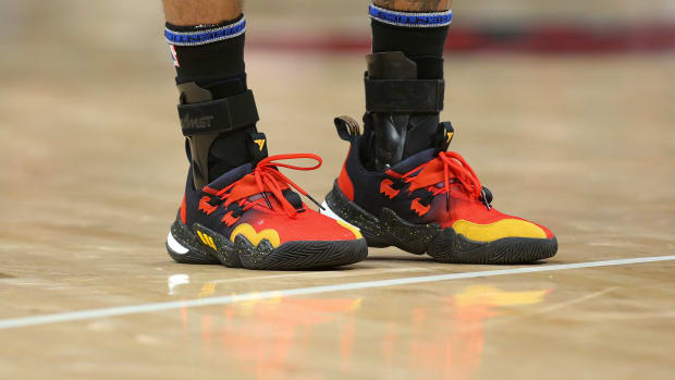 Dec 3, 2021; Atlanta, Georgia, USA; Detailed view of the shoes of Atlanta Hawks guard Trae Young (11) against the Philadelphia 76ers in the first quarter at State Farm Arena.