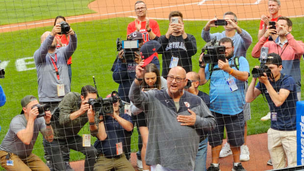 Sep 27, 2023; Cleveland, Ohio, USA; Cleveland Guardians manager Terry Francona (77) reacts after a win over the Cincinnati Reds at Progressive Field. Mandatory Credit: David Richard-USA TODAY Sports