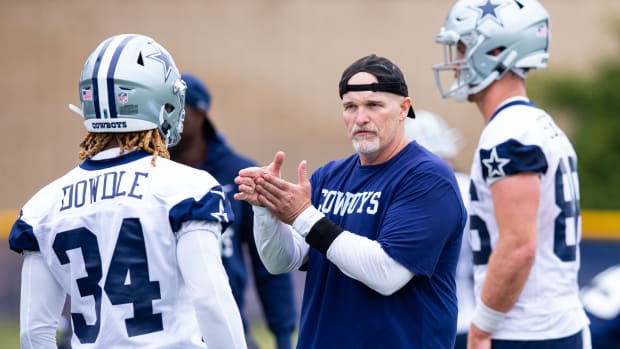 Dallas Cowboys defensive coordinator Dan Quinn during training camp at the Marriott Residence Inn. Mandatory Credit: Jason Parkhurst-USA TODAY Sports