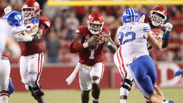 Arkansas Razorbacks quarterback KJ Jefferson (1) rushes during the fourth quarter against the BYU Cougars at Donald W. Reynolds Razorback Stadium. BYU won 38-31.