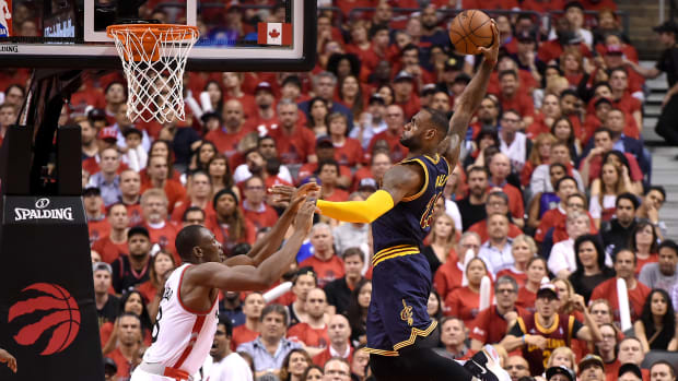 Cleveland Cavaliers forward LeBron James goes up to dunk.