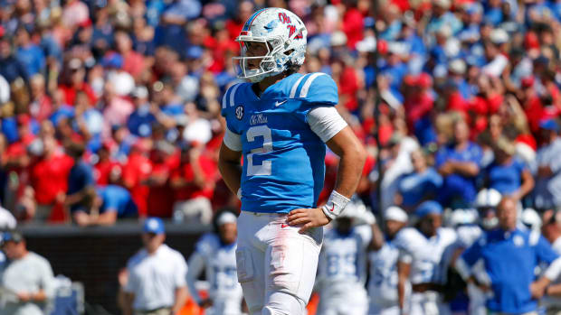 Oct 1, 2022; Oxford, Mississippi, USA; Mississippi Rebels quarterback Jaxson Dart (2) looks to the sideline prior to the snap during the fourth quarter against the Kentucky Wildcats at Vaught-Hemingway Stadium. Mandatory Credit: Petre Thomas-USA TODAY Sports