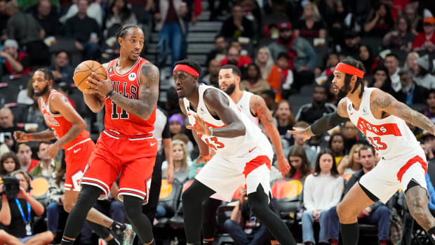 Oct 9, 2022; Toronto, Ontario, CAN; Chicago Bulls forward DeMar DeRozan (11) moves the ball against Toronto Raptors forward Pascal Siakam (43) during the second half at Scotiabank Arena.