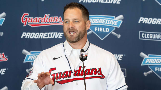 Nov 10, 2023; Cleveland, OH, USA; Cleveland Guardians manager Stephen Vogt talks to the media during an introductory press conference at Progressive Field. Mandatory Credit: Ken Blaze-USA TODAY Sports