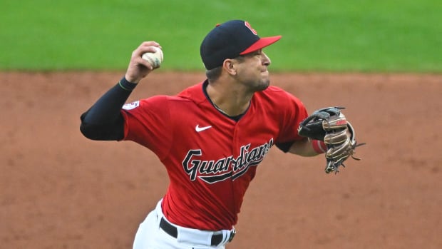 Sep 23, 2023; Cleveland, Ohio, USA; Cleveland Guardians third baseman Tyler Freeman (2) throws to first base in the third inning against the Baltimore Orioles at Progressive Field. Mandatory Credit: David Richard-USA TODAY Sports