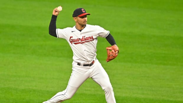 Sep 22, 2023; Cleveland, Ohio, USA; Cleveland Guardians second baseman Andres Gimenez (0) throws to first base in the second inning against the Baltimore Orioles at Progressive Field. Mandatory Credit: David Richard-USA TODAY Sports
