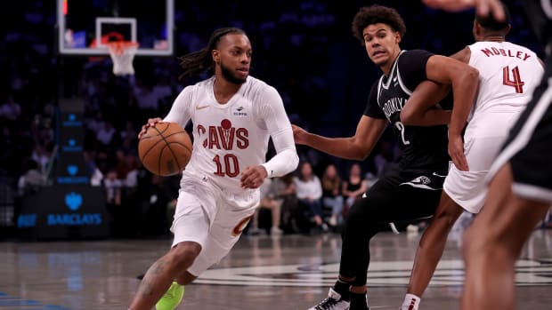 Oct 25, 2023; Brooklyn, New York, USA; Cleveland Cavaliers guard Darius Garland (10) controls the ball against Brooklyn Nets forward Cameron Johnson (2) during the first quarter at Barclays Center.