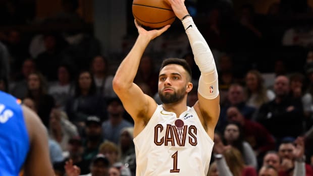 Oct 27, 2023; Cleveland, Ohio, USA; Cleveland Cavaliers guard Max Strus (1) shoots in the fourth quarter against the Oklahoma City Thunder at Rocket Mortgage FieldHouse. Mandatory Credit: David Richard-USA TODAY Sports