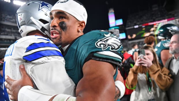 Dak Prescott and Jalen Hurts embrace after the Philadelphia Eagles defeated the Dallas Cowboys in Week 9. 