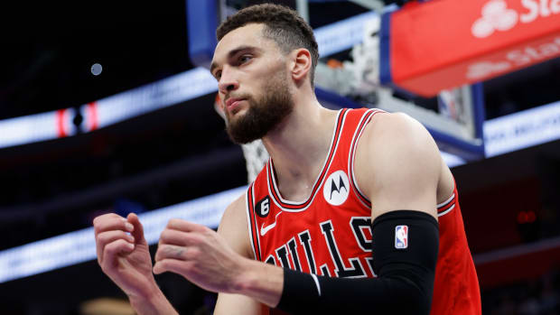 Mar 1, 2023; Detroit, Michigan, USA; Chicago Bulls guard Zach LaVine (8) reacts to a call in the first half against the Detroit Pistons at Little Caesars Arena.