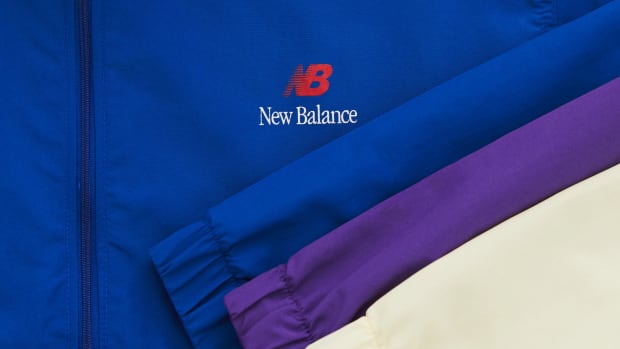 Blue, purple, and cream New Balance sweatshirts.