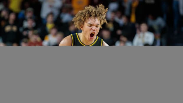 Missouri Tigers forward Noah Carter reacts during a game at Mizzou Arena.