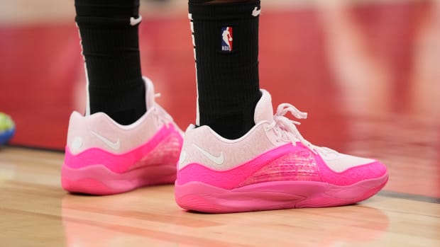 Kevin Durant's pink and white Nike sneakers.