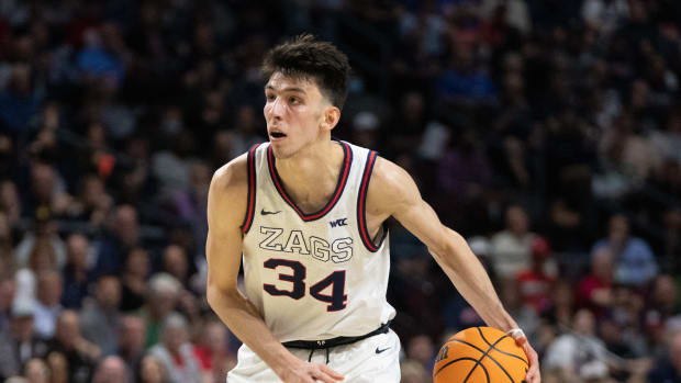 Gonzaga Bulldogs center Chet Holmgren (34) against the Saint Mary's Gaels during the first half in the finals of the WCC Basketball Championships at Orleans Arena.