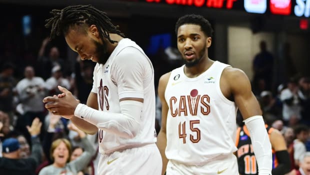 Apr 18, 2023; Cleveland, Ohio, USA; Cleveland Cavaliers guard Darius Garland (10) and guard Donovan Mitchell (45) reacts after a basket during the second quarter against the New York Knicks in game two of the 2023 NBA playoffs at Rocket Mortgage FieldHouse.